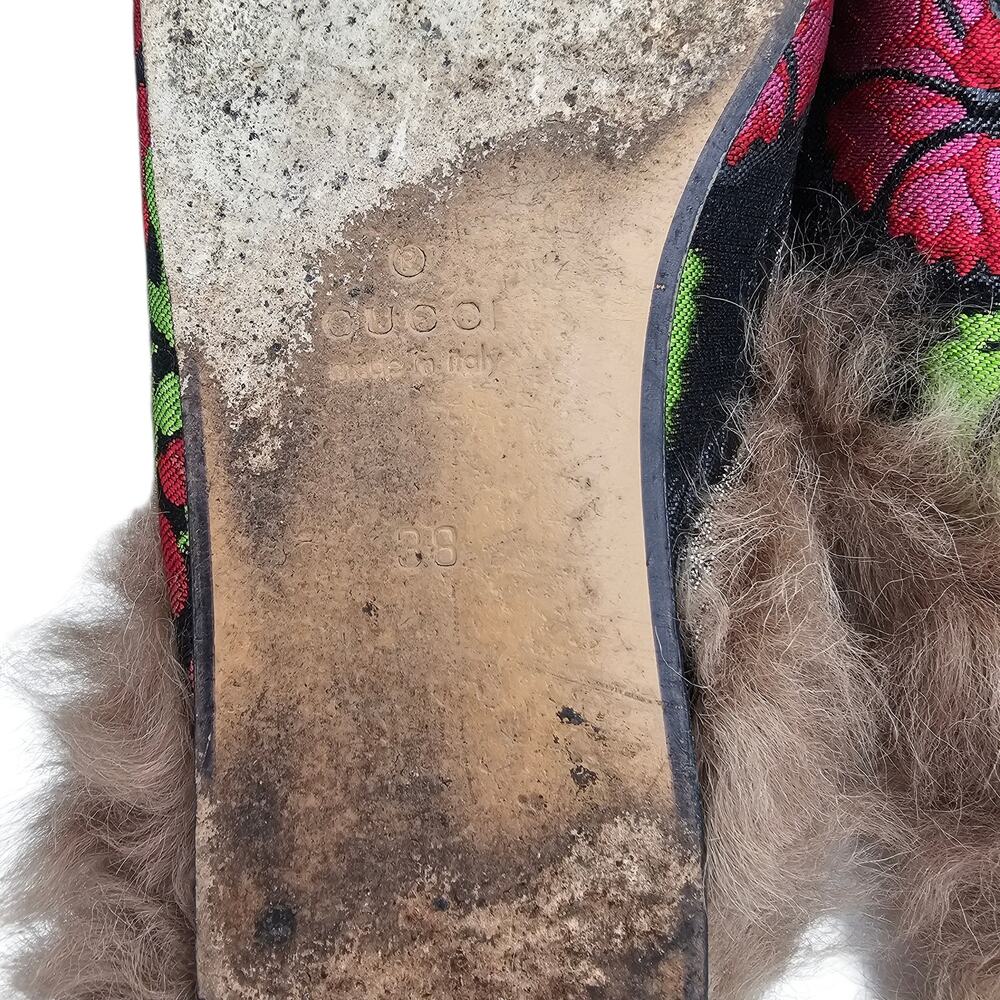 Gucci Princetown Horsebit Fur Lined Flat Mule Slipper Floral Black Size 38 US 8 - Picture 7 of 7
